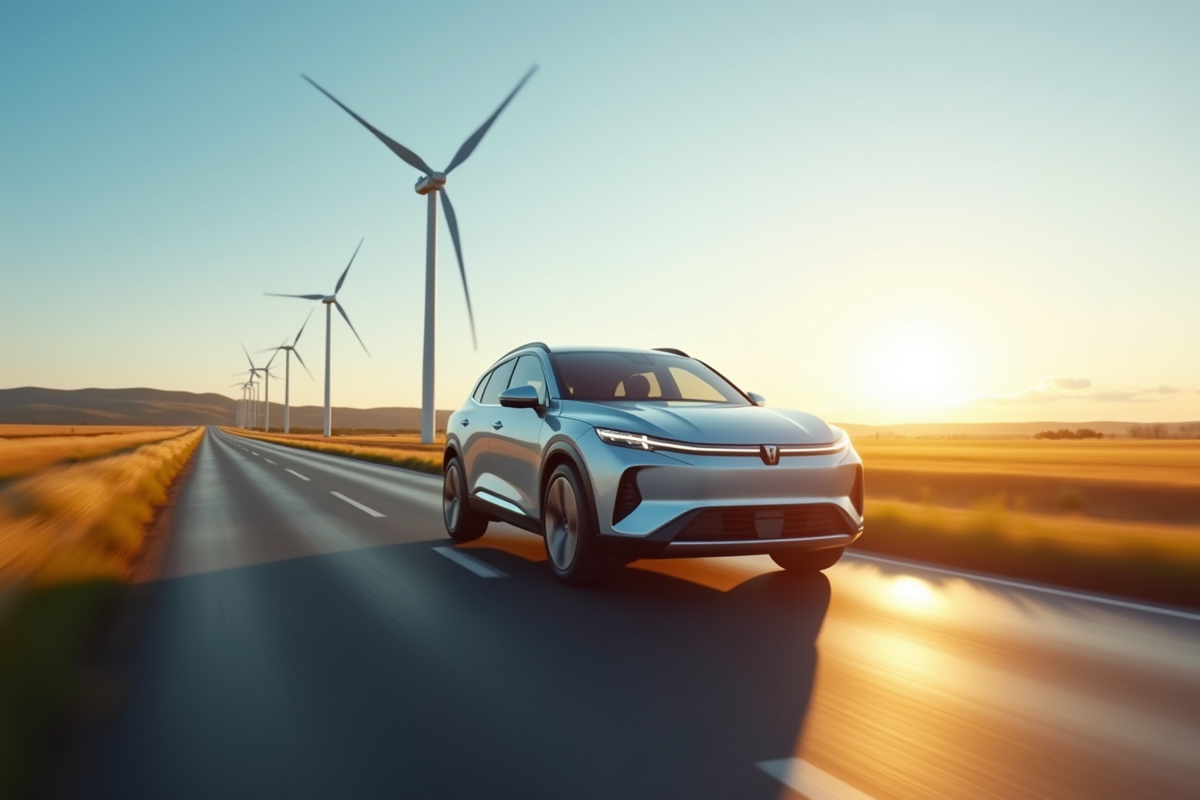 SUV hybride roulant dans la campagne avec éoliennes et champs dorés