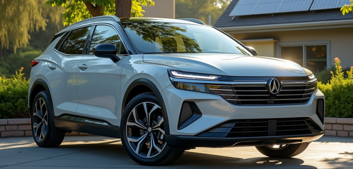 SUV hybride moderne dans un environnement urbain avec verdure et panneaux solaires