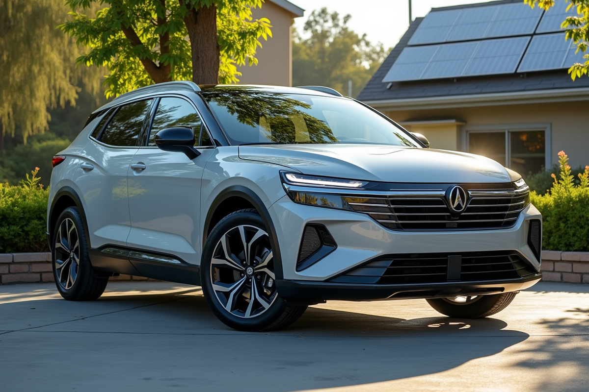 SUV hybride moderne dans un environnement urbain avec verdure et panneaux solaires