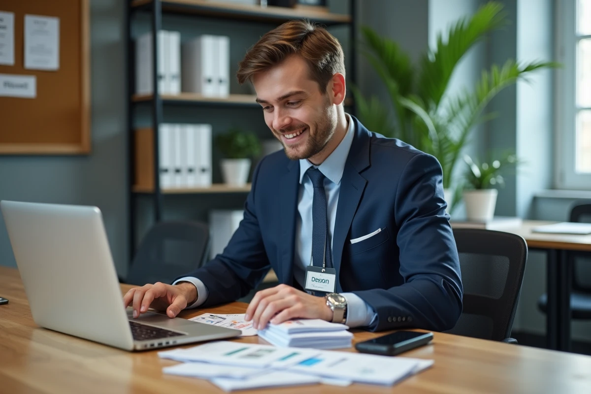 Jeune homme en costume organise badges dosimetrie au bureau