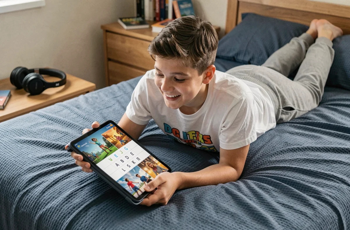 Adolescent trouvant la solution de 5 lettres sur le jeu 4 images 1 mot depuis une tablette