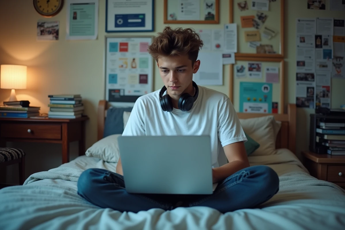 Adolescent utilisant un VPN sur son ordinateur portable dans sa chambre pour contourner un site bloqué