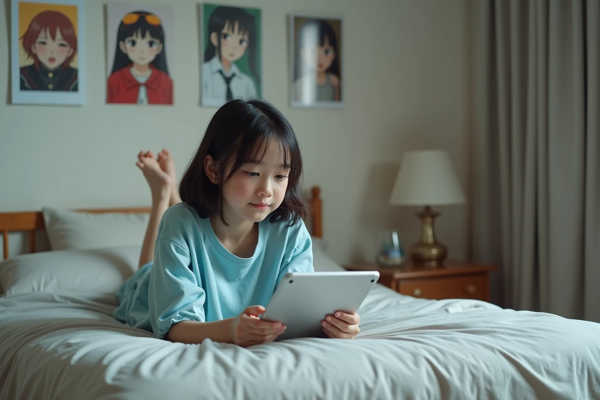 Adolescente lisant des scans manga en VF sur une tablette dans sa chambre