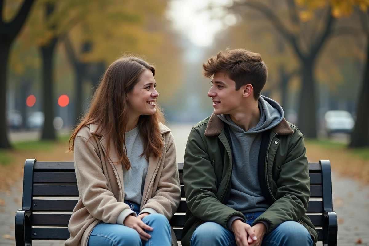 Deux adolescents discutant sur un banc dans un parc urbain