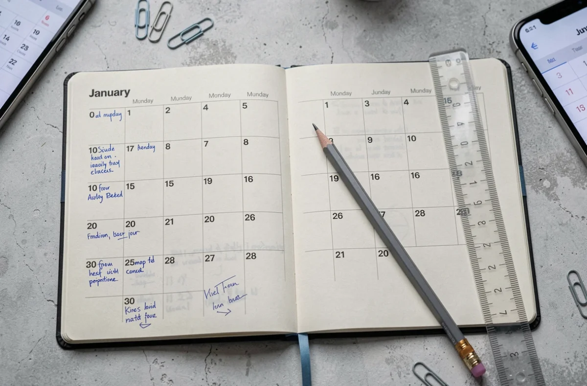 Vue aérienne d'un agenda papier ouvert sur les numéros de semaines ISO en janvier