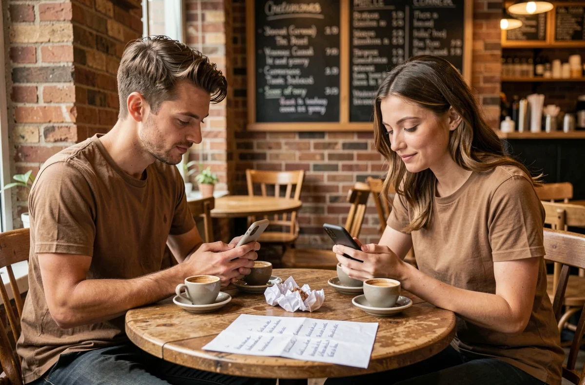 Deux amis dans un café testant leurs progrès sur un jeu de vocabulaire