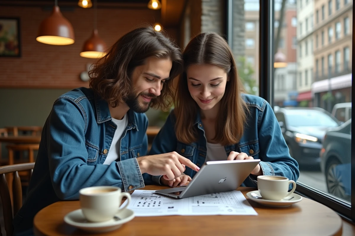 Deux amis cherchant ensemble le mot de passe quotidien de Codycross dans un café avec une tablette et des fiches imprimées