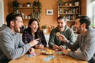 Groupe d'amis jouant à Bomb Party autour d'une table en bois avec des rires et un buzzer en main