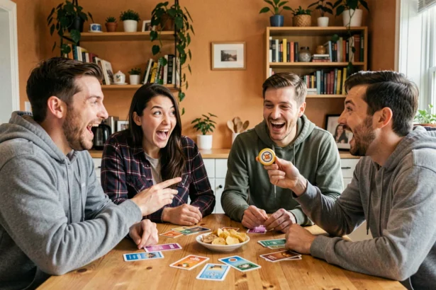Groupe d'amis jouant à Bomb Party autour d'une table en bois avec des rires et un buzzer en main