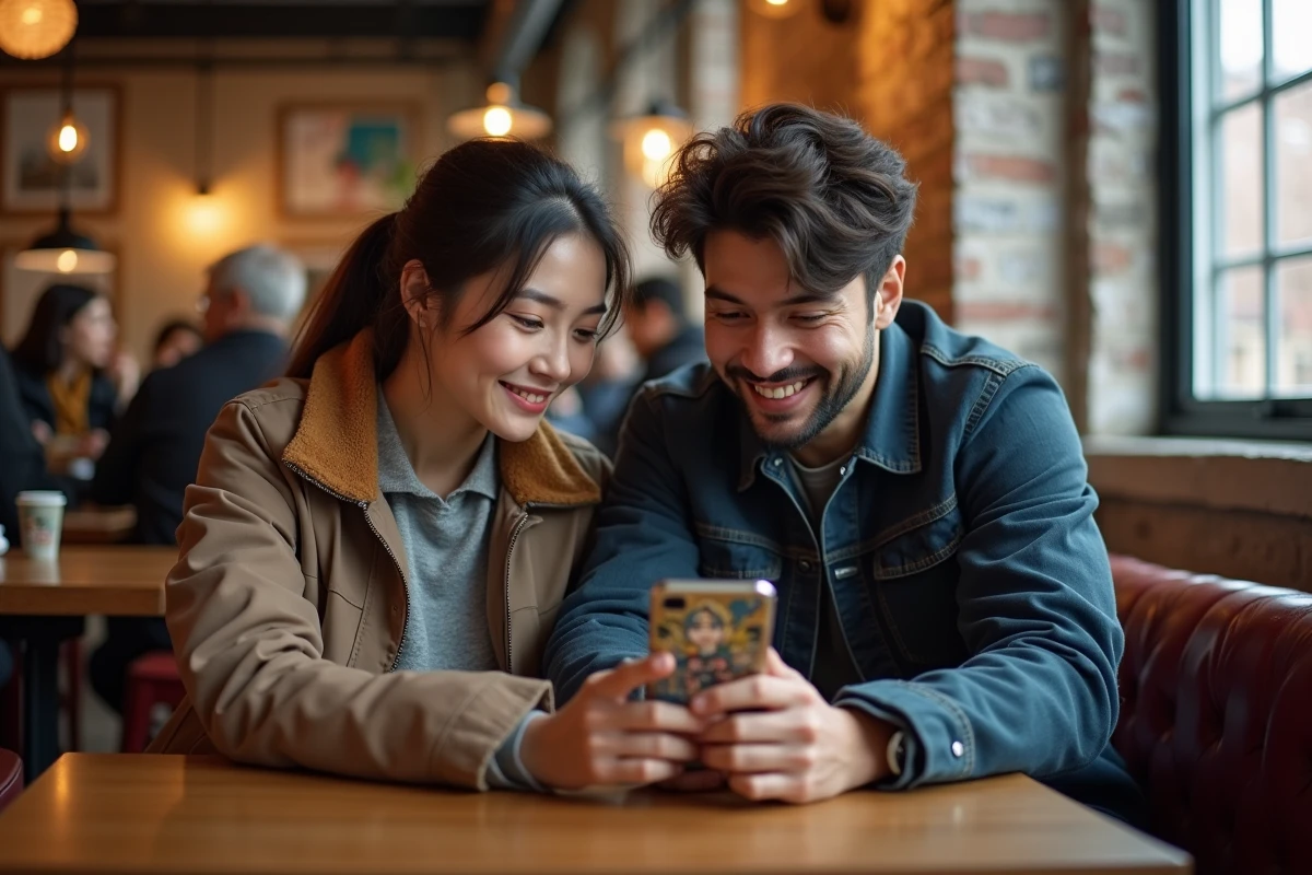 Deux adultes partageant la lecture de scans manga sur un smartphone dans un café urbain à l'ambiance chaleureuse