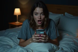 Femme surprise la nuit regardant un appel entrant avec l'indicatif pays +212 sur son smartphone