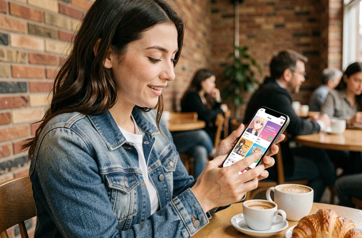 Jeune femme consultant une application de suivi de séries anime sur smartphone dans un café urbain