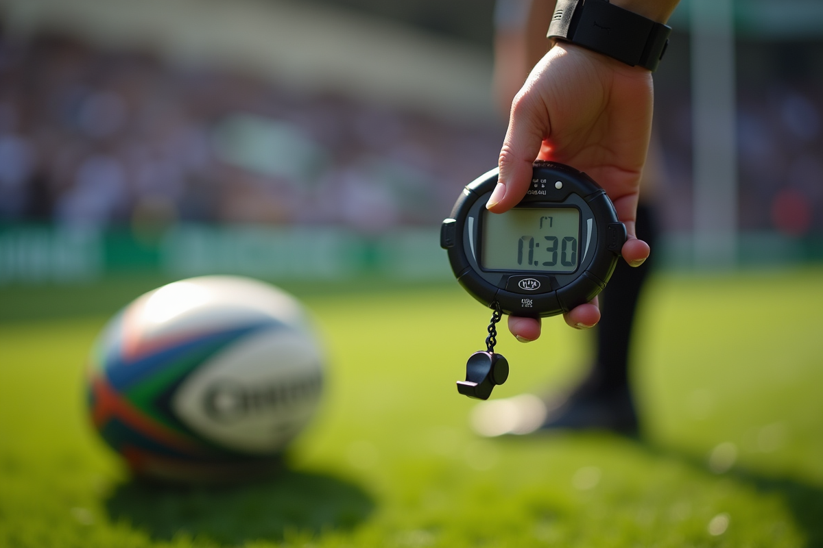 Zoom sur la main de l arbitre avec un chronomètre et sifflet sur terrain de rugby