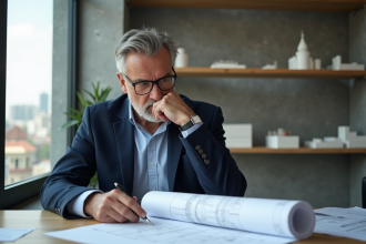 Architecte homme étudie des plans dans un bureau moderne