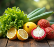 Assortiment de fruits et légumes avec L sur une table en bois