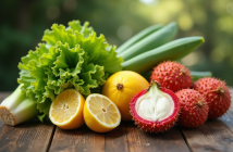 Assortiment de fruits et légumes avec L sur une table en bois