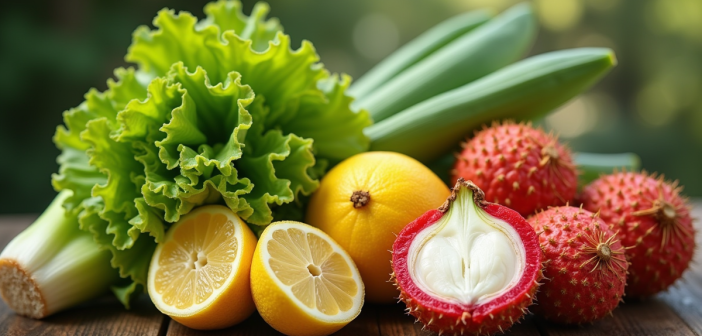 Assortiment de fruits et légumes avec L sur une table en bois