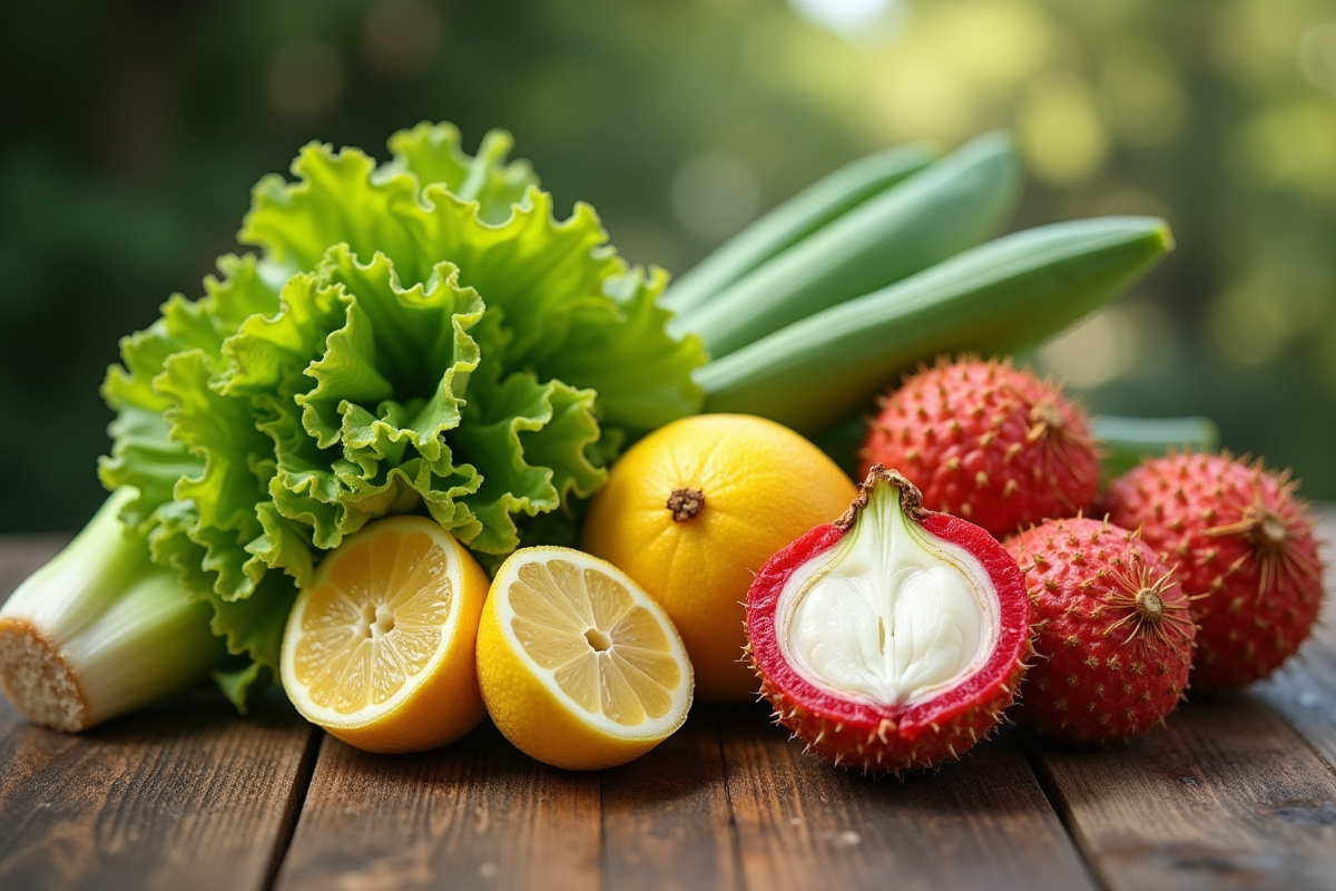 Assortiment de fruits et légumes avec L sur une table en bois