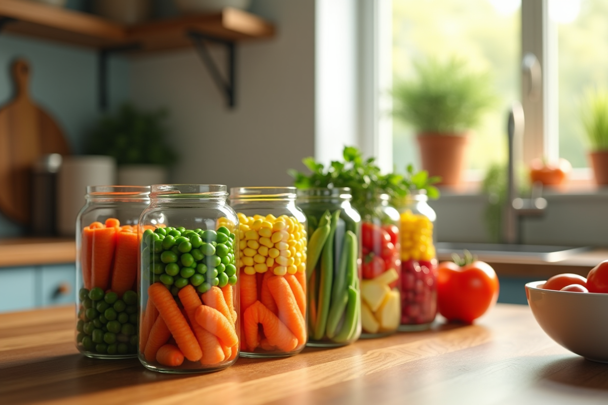 Assortiment de légumes en conserve ouverts sur un plan de travail