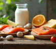 Assortiment d'aliments riches en vitamine D sur une table en bois