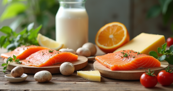 Assortiment d'aliments riches en vitamine D sur une table en bois
