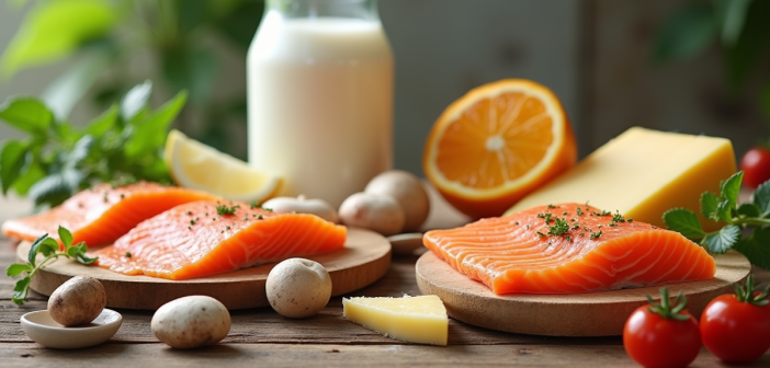 Assortiment d'aliments riches en vitamine D sur une table en bois