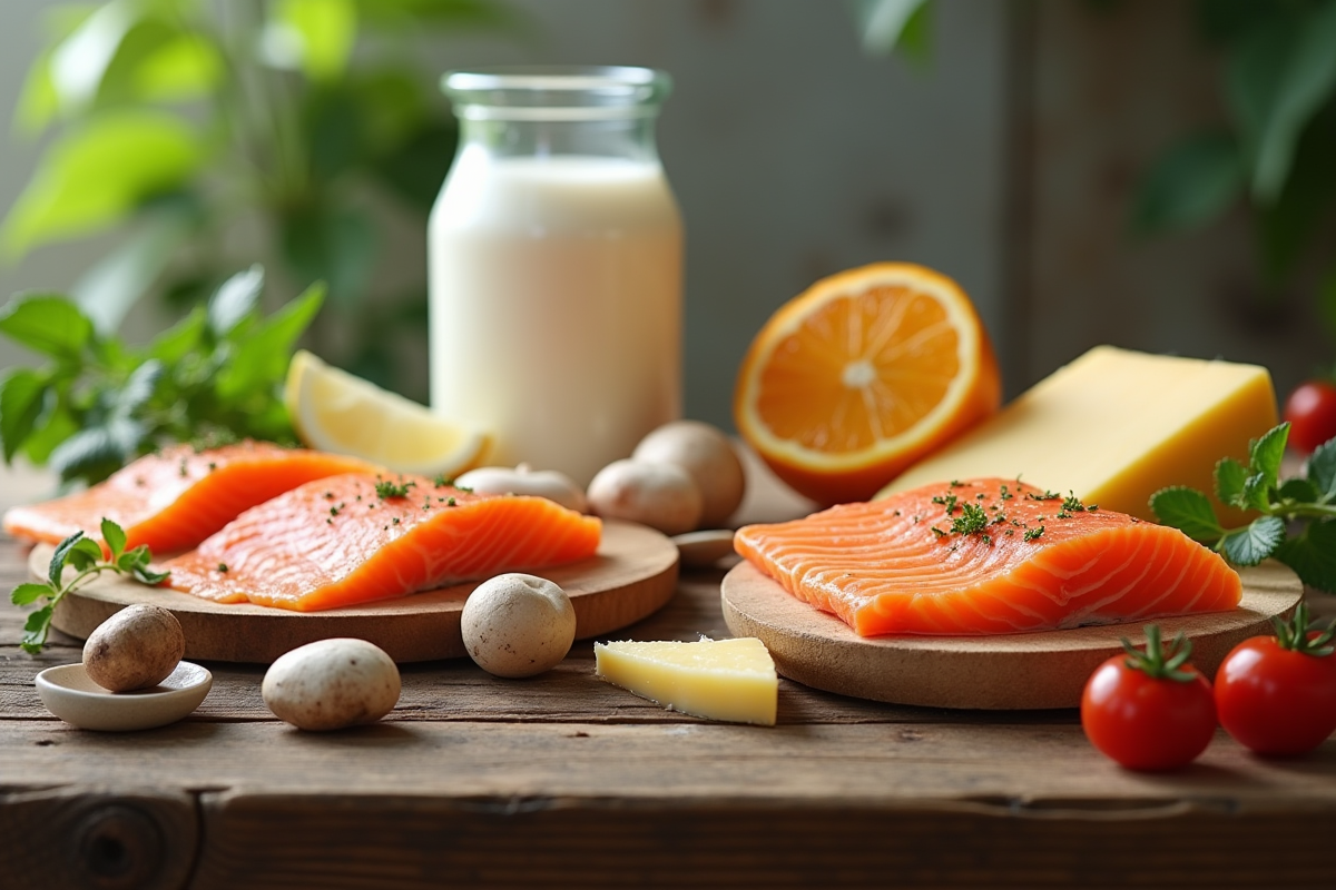 Assortiment d'aliments riches en vitamine D sur une table en bois