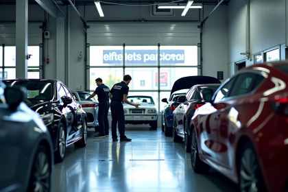 Atelier de réparation automobile moderne et propre avec mécaniciens