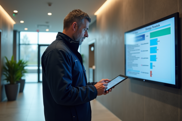 Auditeur energie homme inspectant certificat dans un hall moderne