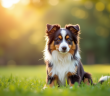 Chien Australian Shepherd assis dans un parc ensoleille avec couleurs vives