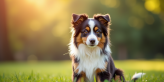 Chien Australian Shepherd assis dans un parc ensoleille avec couleurs vives