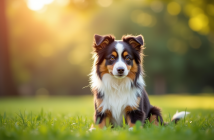 Chien Australian Shepherd assis dans un parc ensoleille avec couleurs vives
