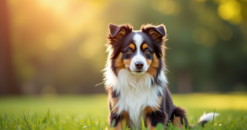 Chien Australian Shepherd assis dans un parc ensoleille avec couleurs vives