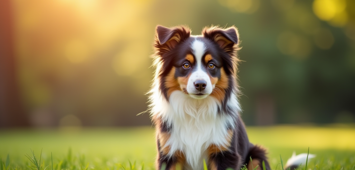 Chien Australian Shepherd assis dans un parc ensoleille avec couleurs vives