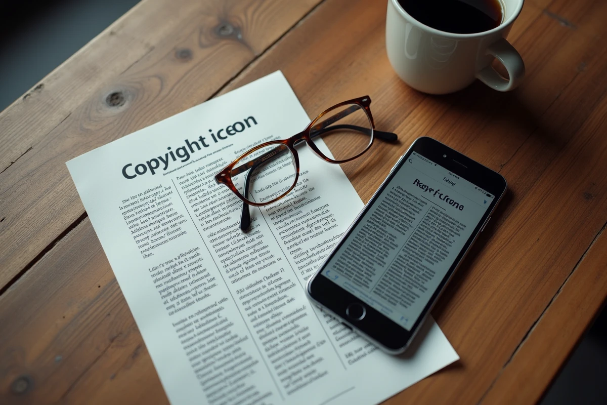 Flatlay d'un smartphone avec site de scans manga et document juridique en français, symbolisant les risques légaux du piratage de manga en France