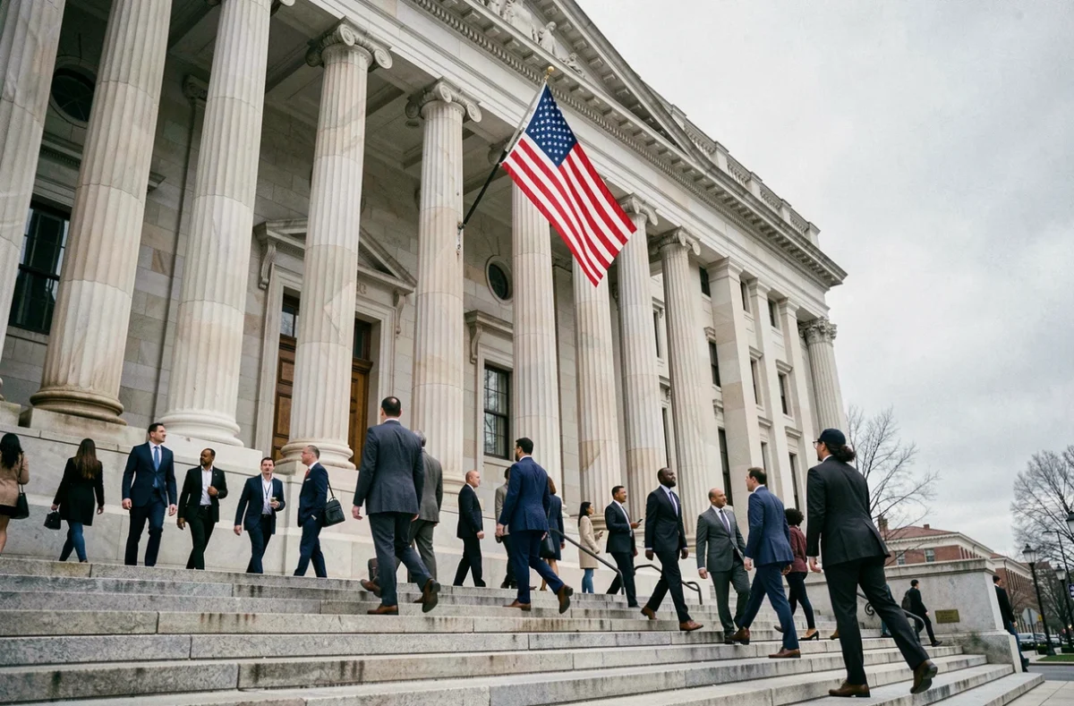 Bâtiment gouvernemental néoclassique à Washington D.C. avec drapeau américain et professionnels en mouvement illustrant la puissance institutionnelle américaine