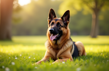 Chien berger allemand assis dans un parc ensoleille
