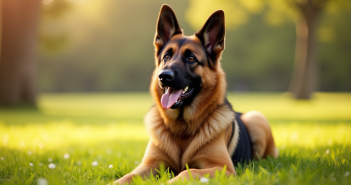 Chien berger allemand assis dans un parc ensoleille