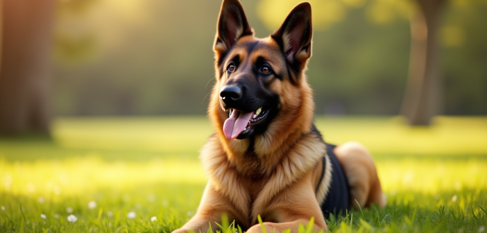 Chien berger allemand assis dans un parc ensoleille