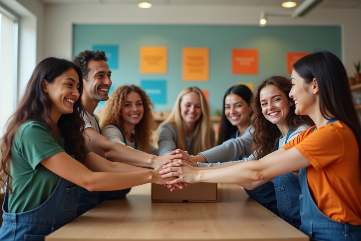 Groupe de bénévoles associatifs souriants dans un centre communautaire