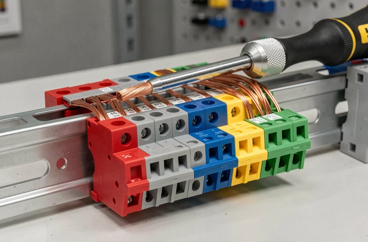 Rangée de borniers de connexion colorés sur rail DIN avec tournevis dynamométrique posé dessus sur un établi d'atelier électrique