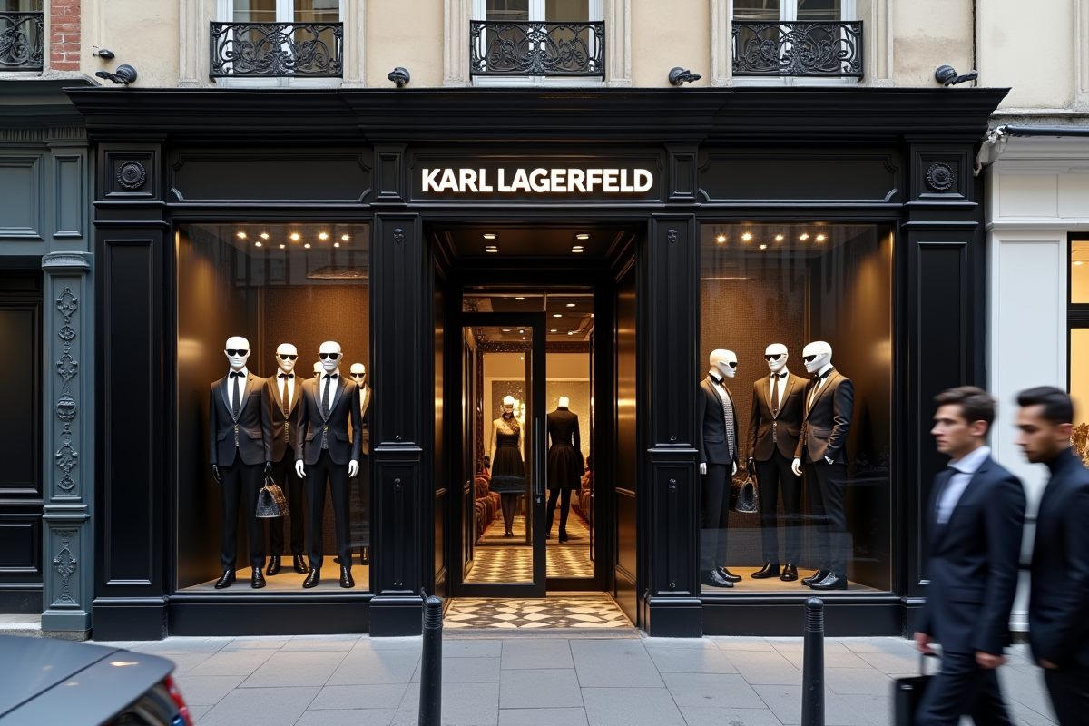 Vitrine de la boutique Lagerfeld à Paris avec mannequins noirs et blancs