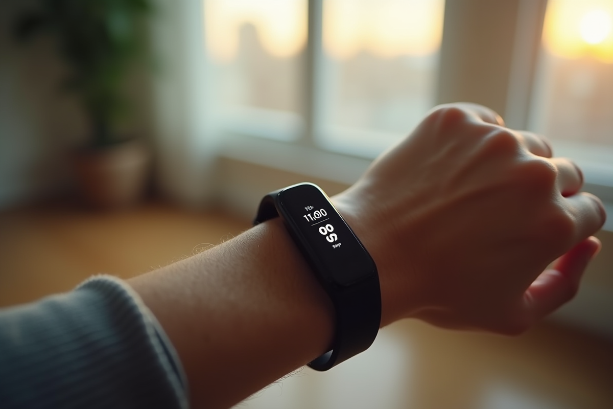 Bracelet connecté affichant 11000 pas en intérieur