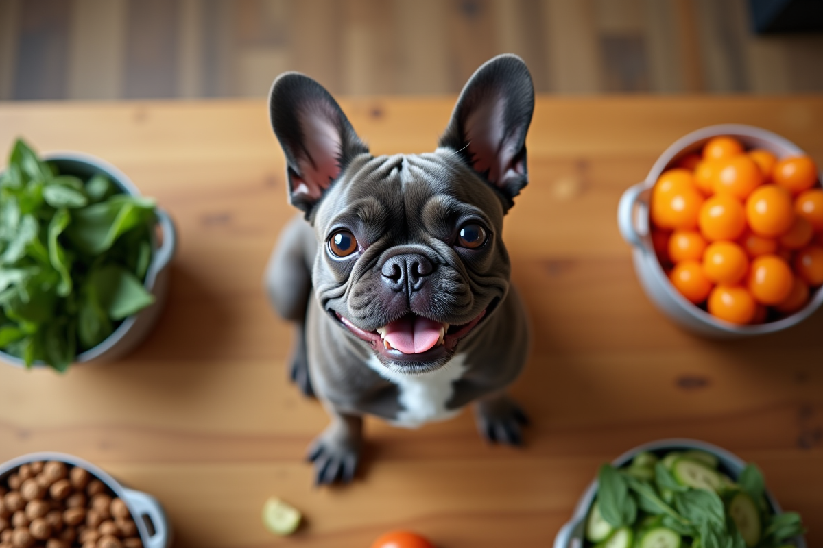 Chien bulldog miniature sur la table avec légumes et croquettes