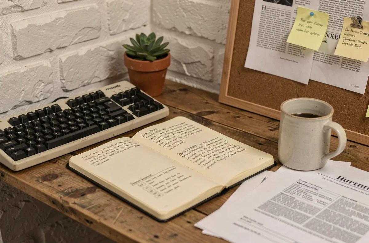 Bureau créatif de blogueur avec carnet de notes et clavier mécanique, représentant l'environnement de travail d'un blog comme l'Échelle de Jacob