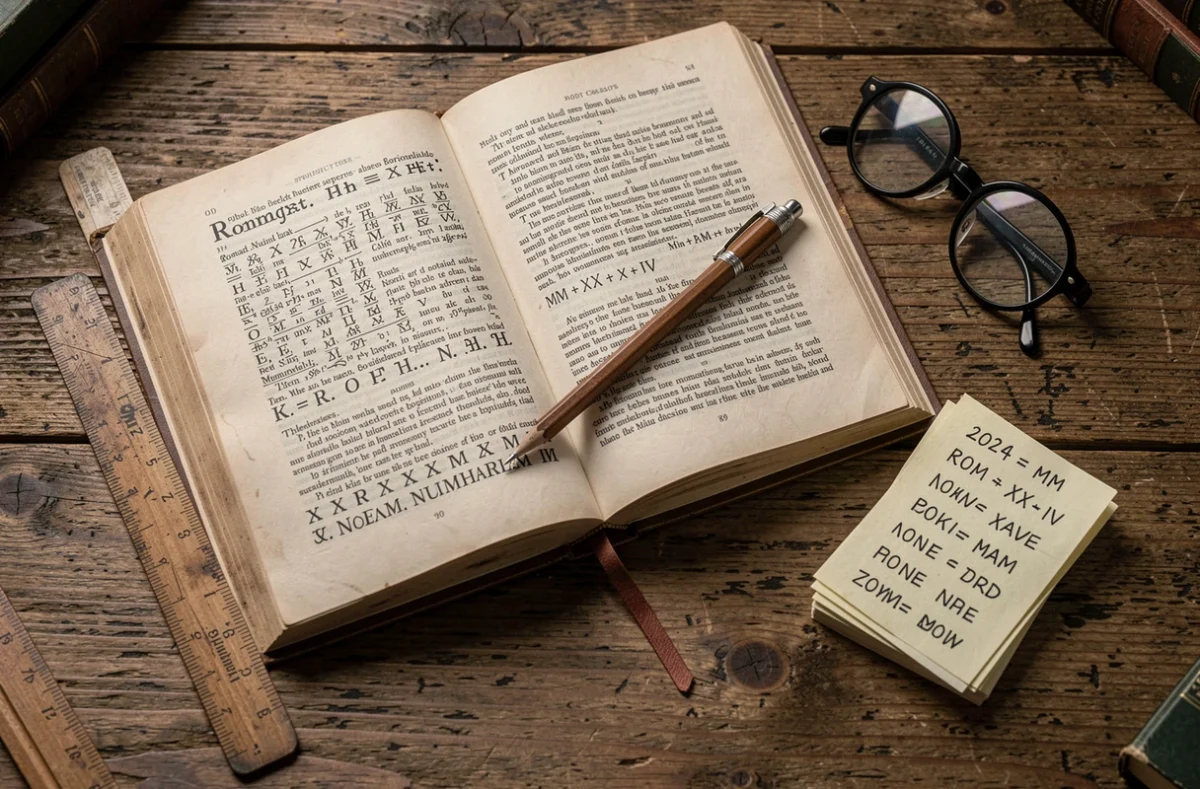 Vue de dessus d'un bureau avec un livre de maths ouvert sur les chiffres romains, des fiches mnémotechniques et une règle en bois