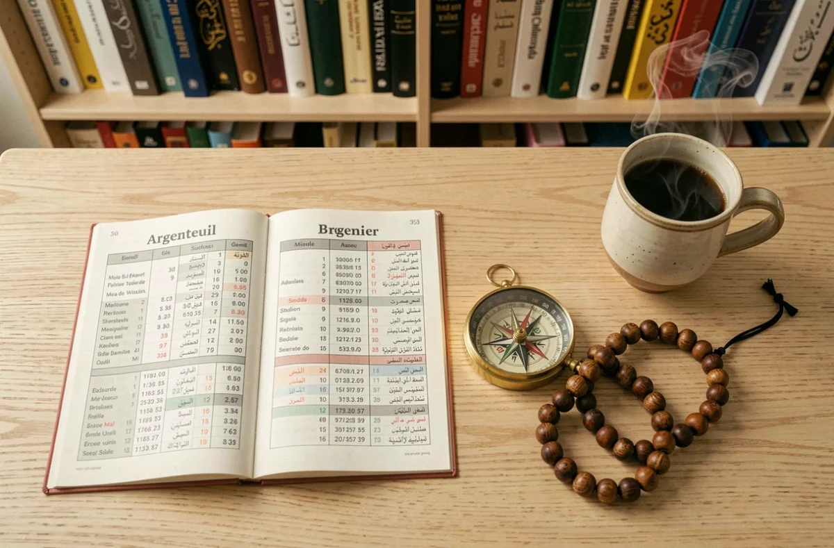 Calendrier des horaires de prière d'Argenteuil posé sur un bureau avec boussole et chapelet