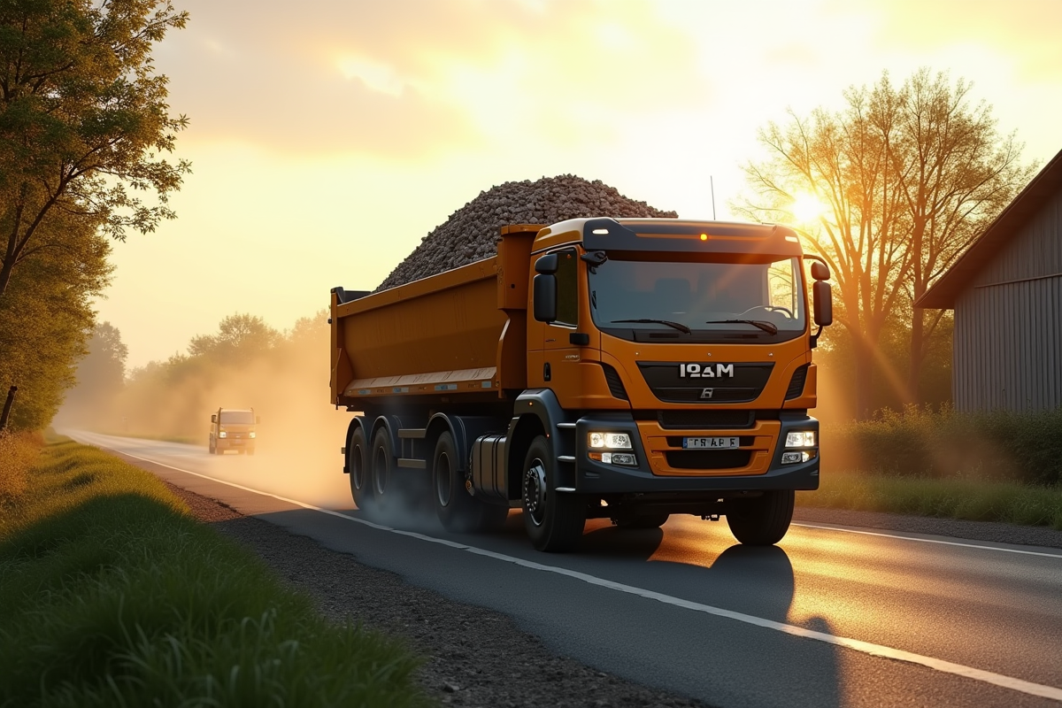 Camion polybenne en action sur une route rurale