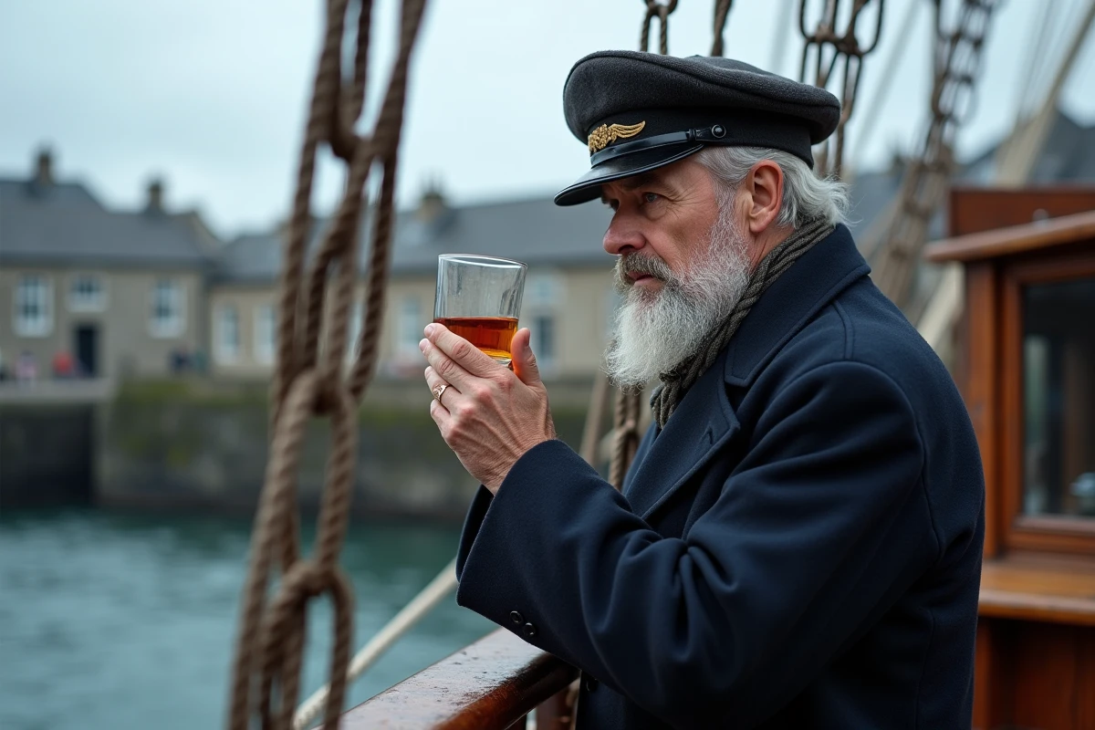 Homme barbu en manteau de capitaine tenant un verre de whisky sur le pont d'un vieux voilier dans un port écossais