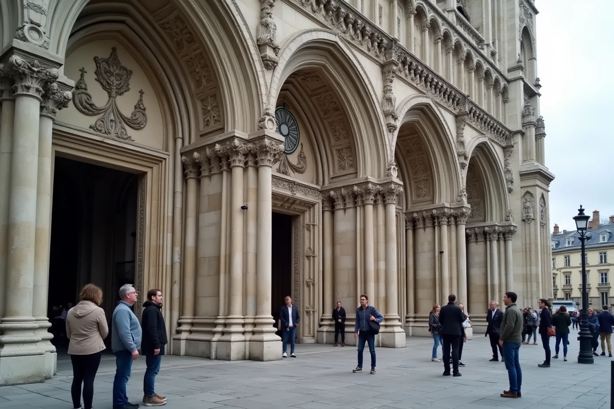 Façade de cathédrale gothique française ornée de sculptures de fleurs de lys avec des touristes observant l'architecture